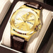 Watch Square Case Leather Strap with Date Window - Gold