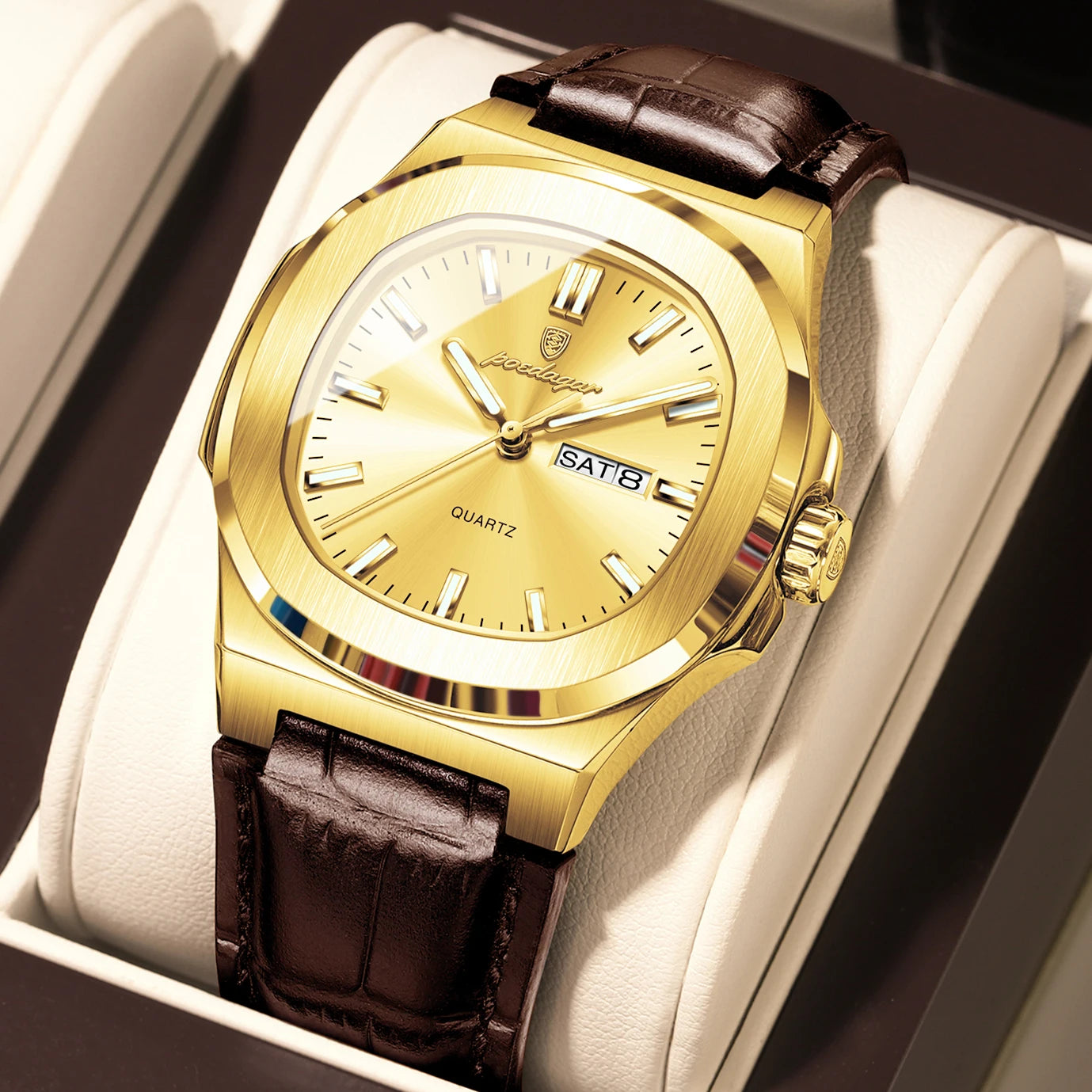 Watch Square Case Leather Strap with Date Window