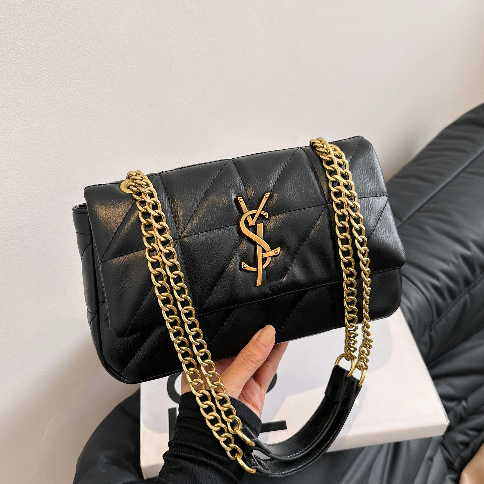 Quilted Chain Flap Shoulder Bag With Gold Logo Accent