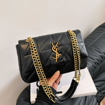Quilted Chain Flap Shoulder Bag With Gold Logo Accent
