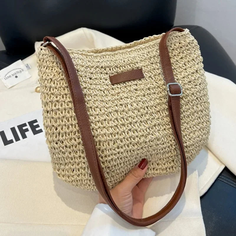 Summer Straw Crossbody Bag with Leather Strap
