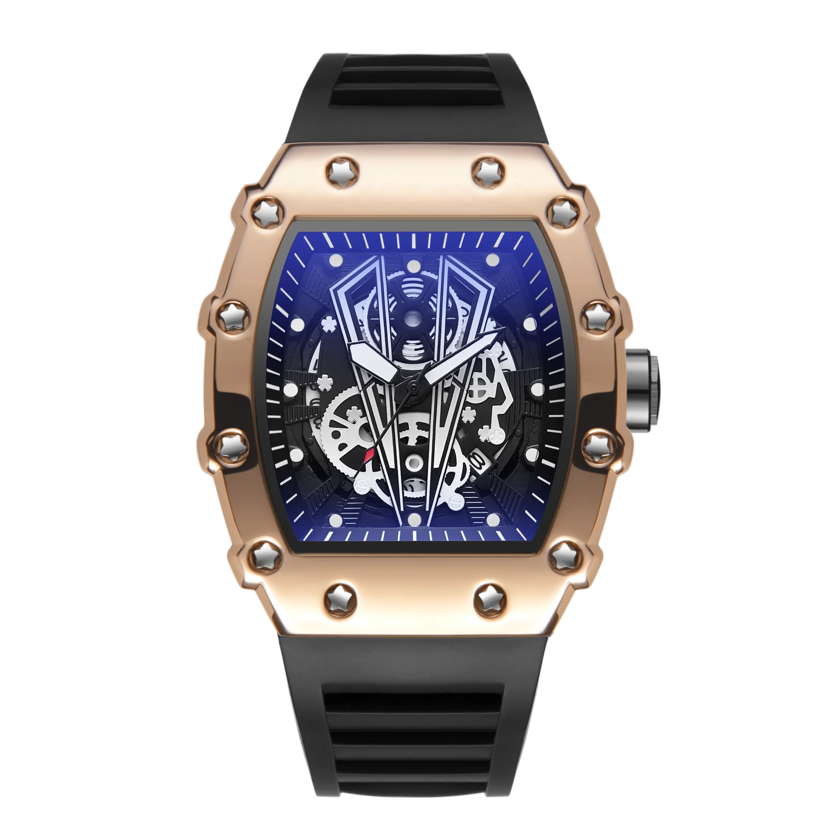 Skeleton Dial Sport Watch with Rubber Strap Tonneau