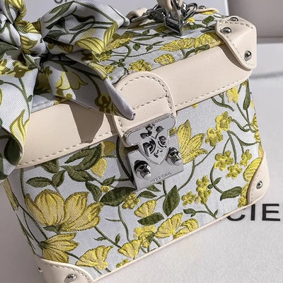 Box Handbag with Floral Embroidery and Scarf Accent - WO2MEN