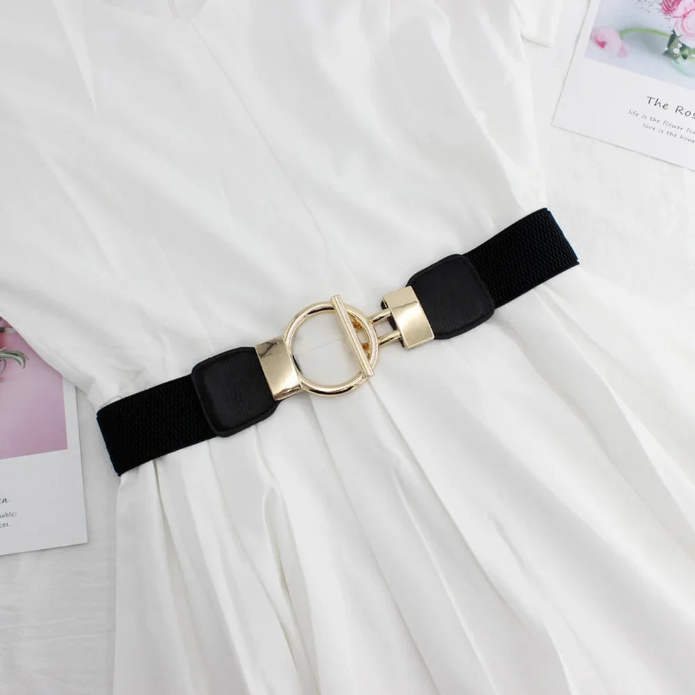 Elastic Waist Belt with Round Buckle Decoration