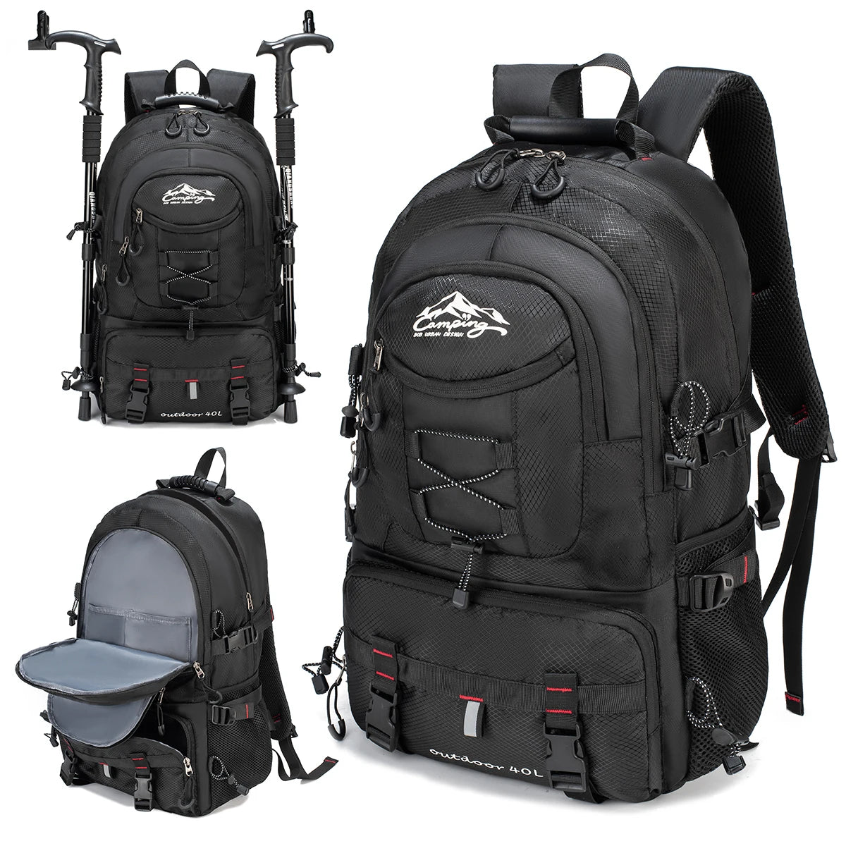 Large Capacity Hiking Backpack with Multiple Pockets - Black