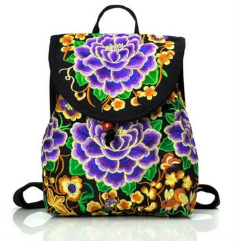 Floral Embroidery Backpack with Hasp Closure Front
