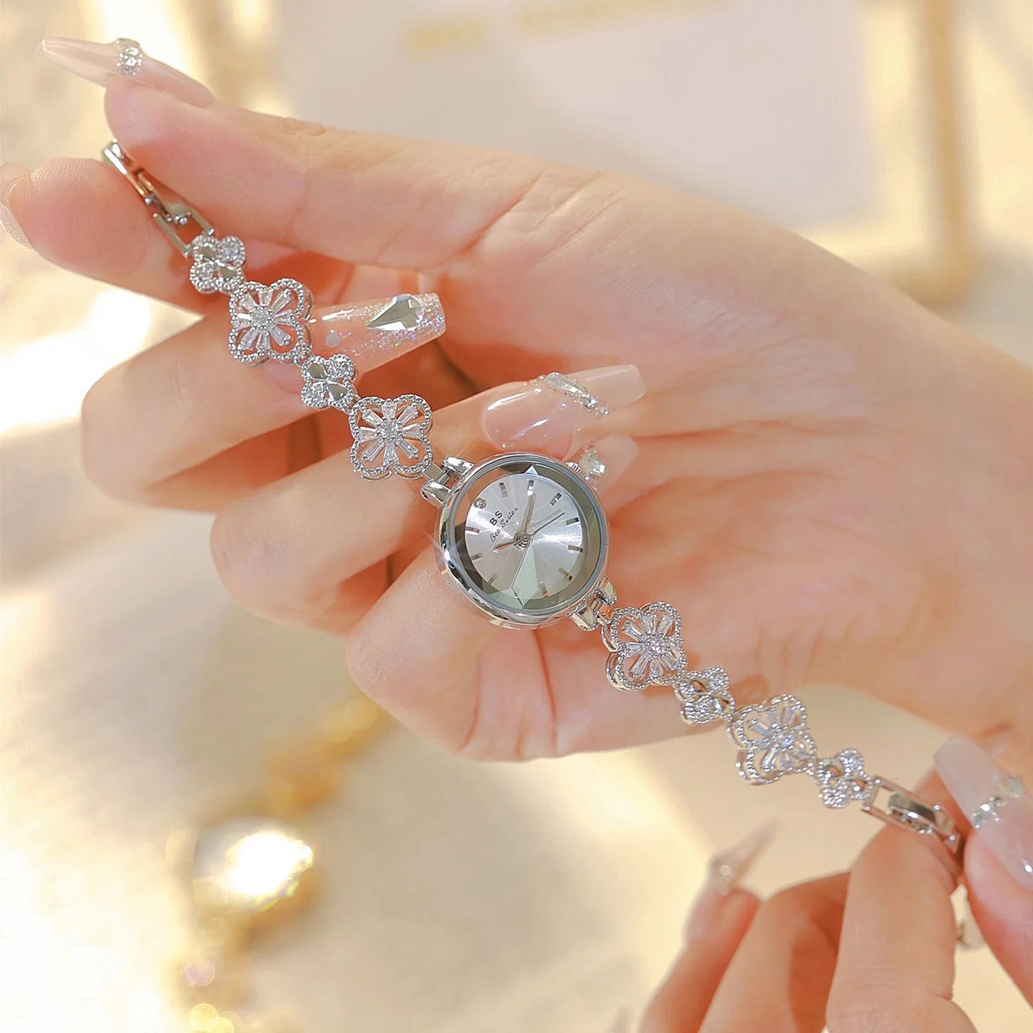 Floral Bracelet Wristwatch with Crystal Accents