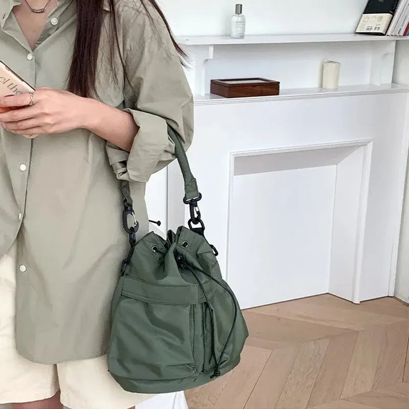 Nylon Waterproof Tote Bag with Drawstring and Detachable Strap