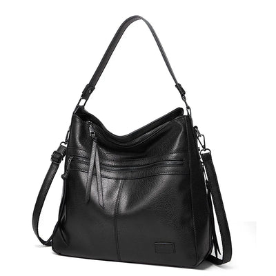 Bucket Shoulder Bag with Zipper Pockets Travel Ready - Black