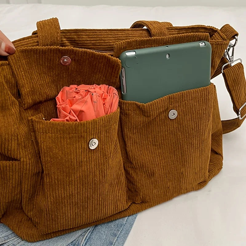 Large Capacity Corduroy Tote Bag with Front Pockets
