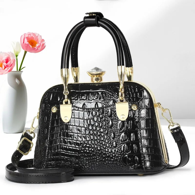 Crocodile Pattern Shoulder Bag with Gold Hardware