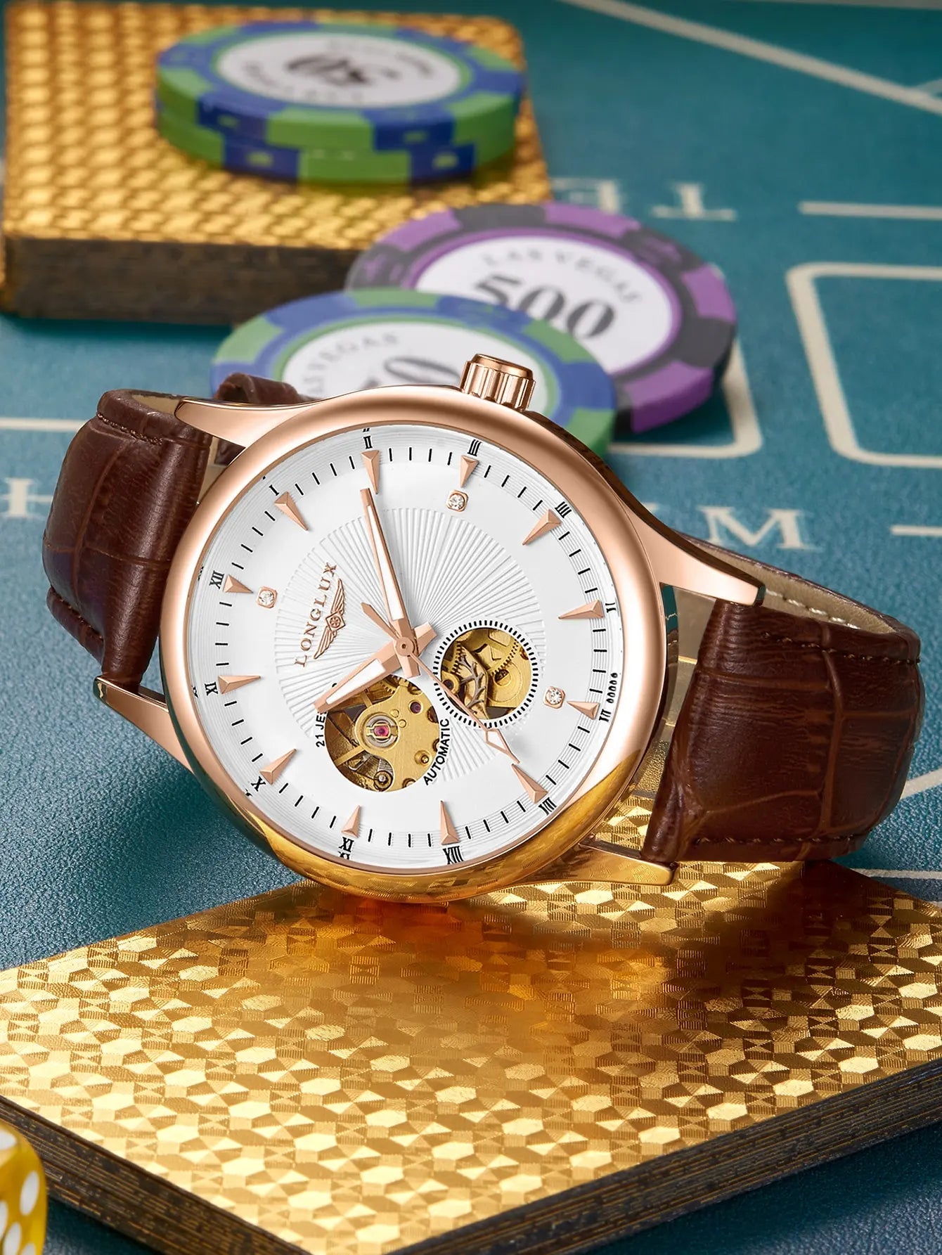 Mechanical Wristwatch Open Heart Leather Strap