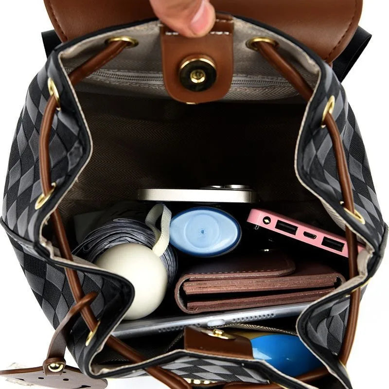 Backpack With Checkered Pattern And Flap Closure Design - WO2MEN