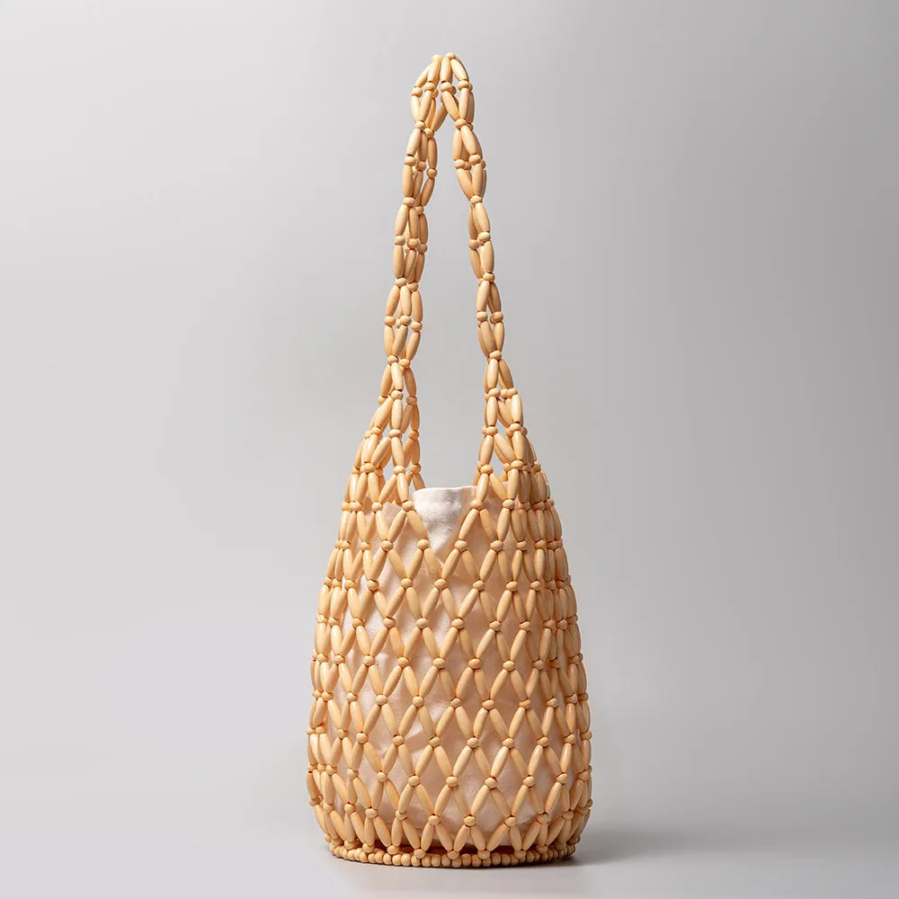Woven Bead Tote Handbag With Hollow Out Design - Beige