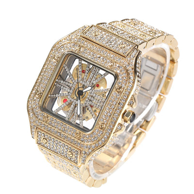 Iced Out Skeleton Square Dial Watch With Diamond Pave