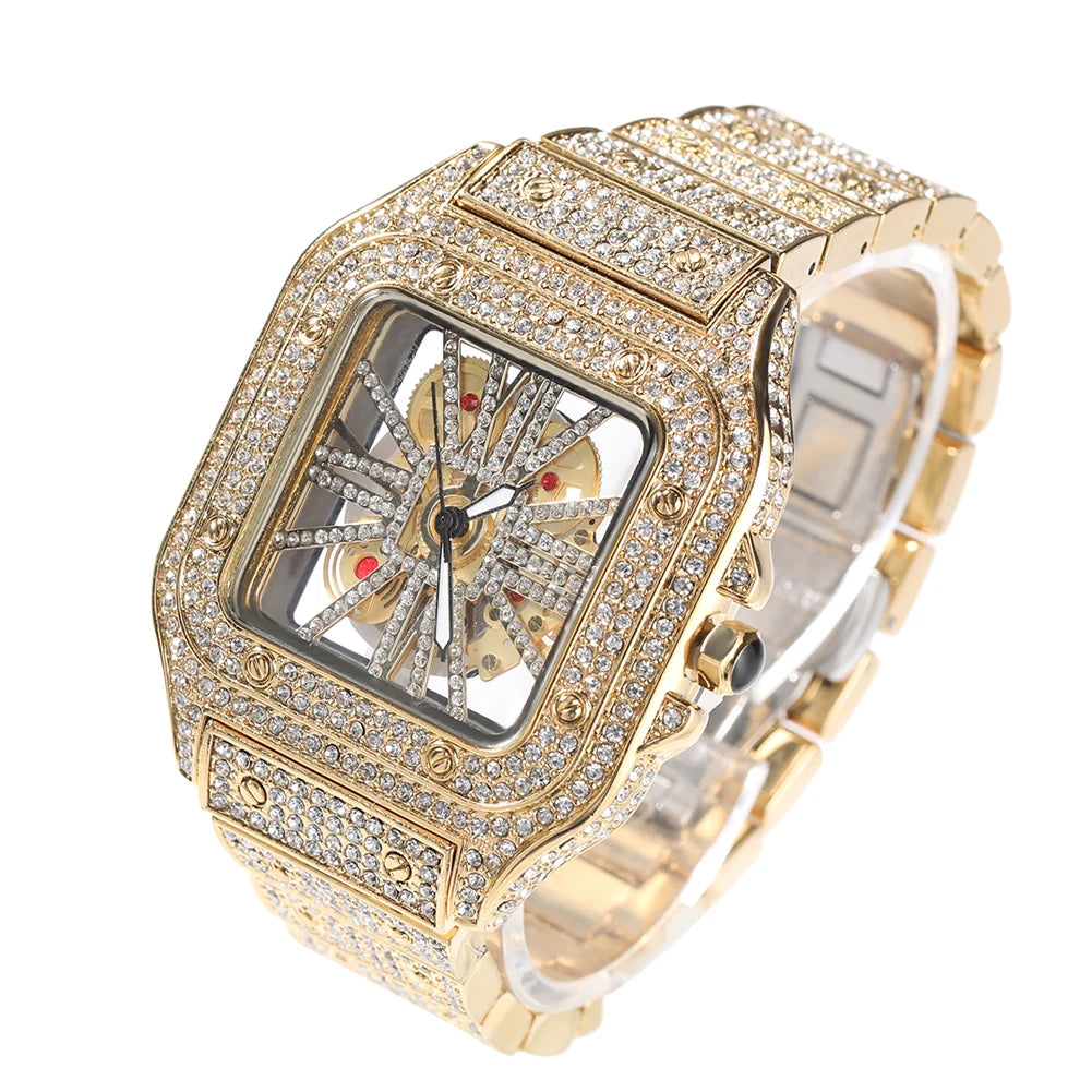 Iced Out Skeleton Square Dial Watch With Diamond Pave - Gold