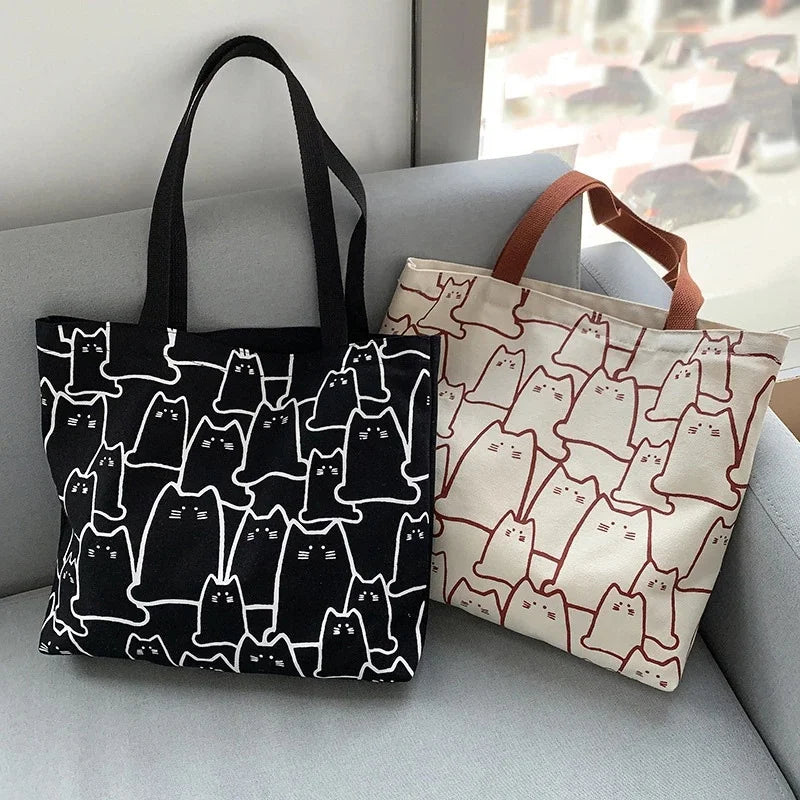 Canvas Tote Bag Cat Print Casual Everyday Tote