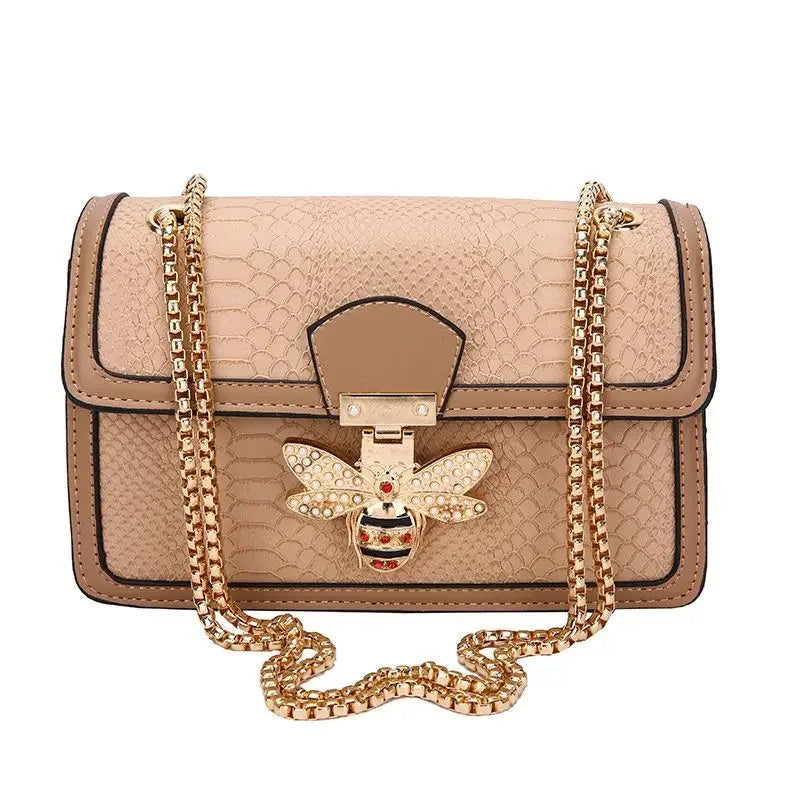 Crocodile Print Crossbody Bag Bee Lock Charm Chain - Khaki