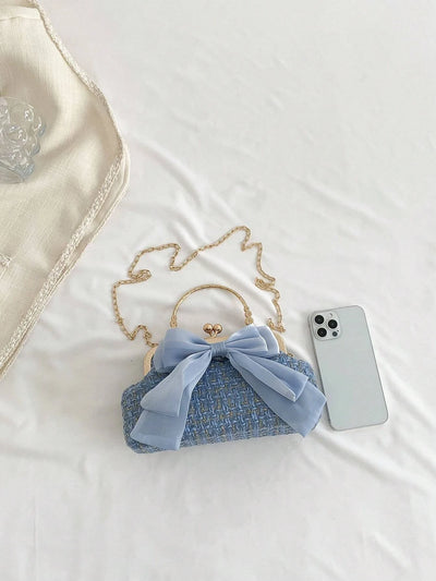 Elegant Handbag With Bow And Plaid Weave Chain Detail - WO2MEN