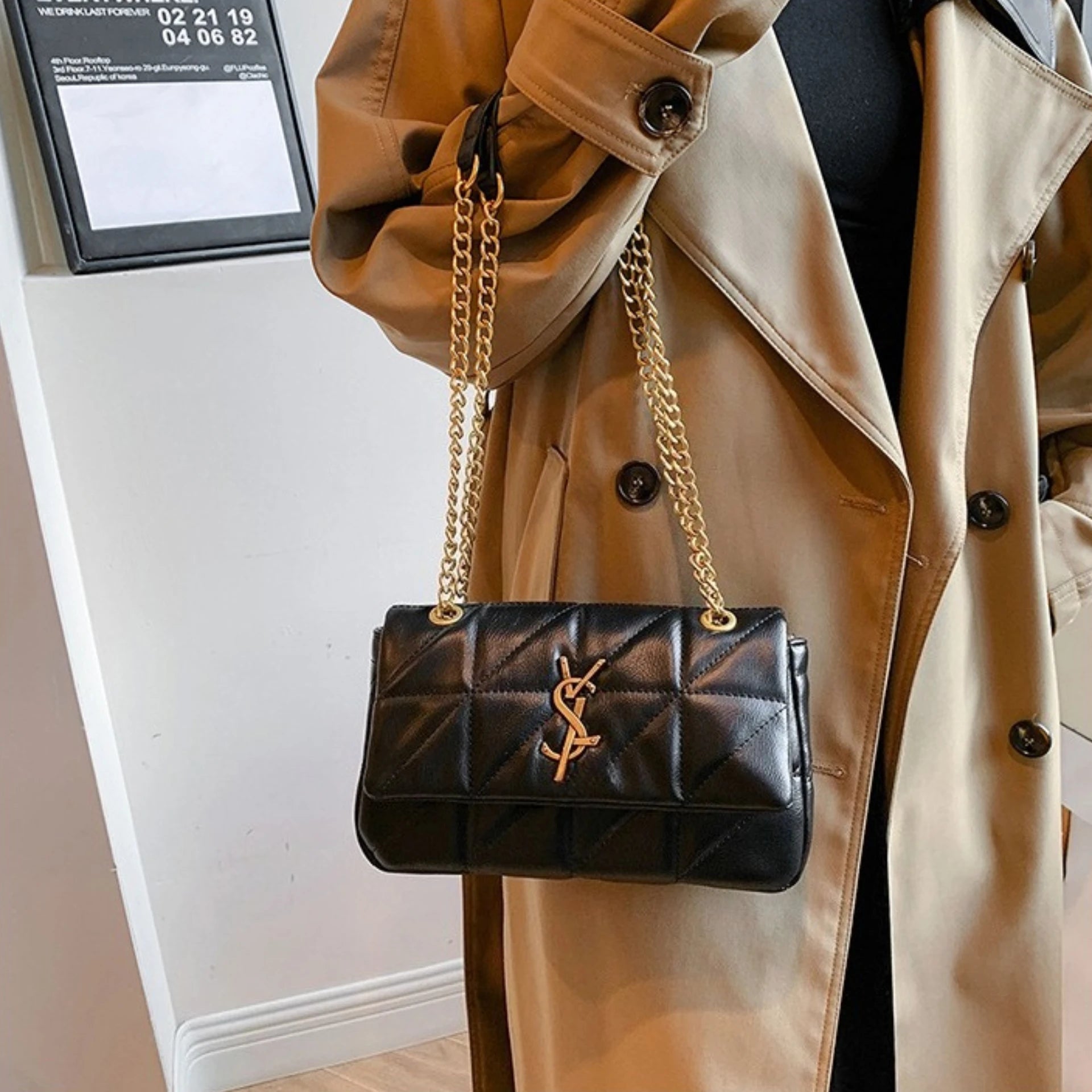 Quilted Chain Flap Shoulder Bag With Gold Logo Accent