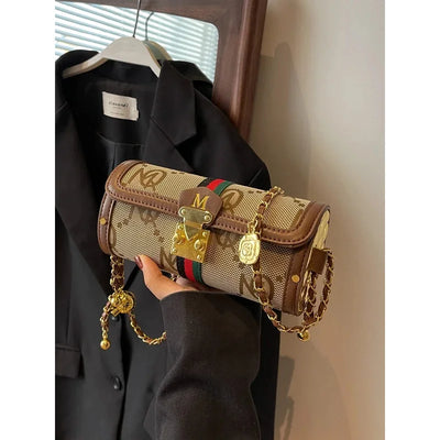 Cylindrical Crossbody Bag With Gold Lock And Chain