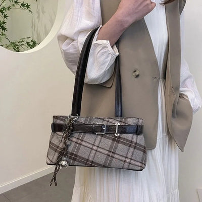 Plaid Shoulder Bag with Belt Strap Bell Charm
