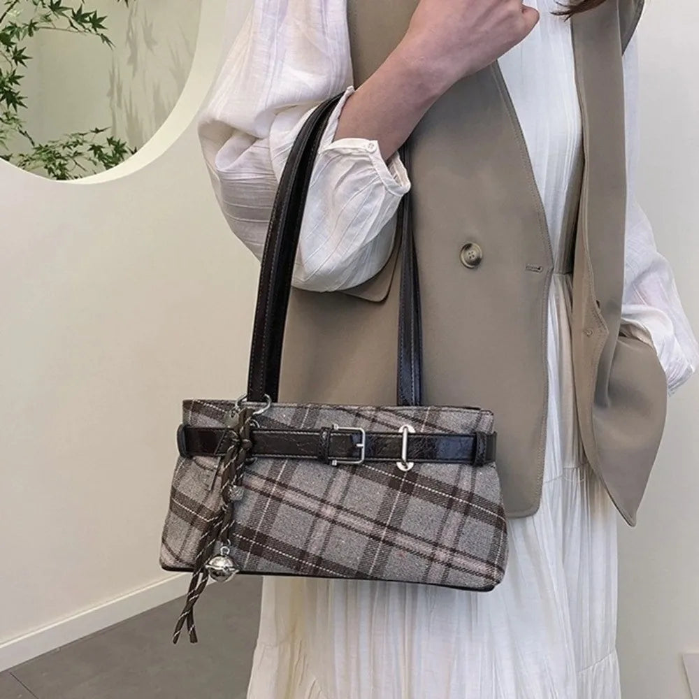 Plaid Shoulder Bag with Belt Strap Bell Charm