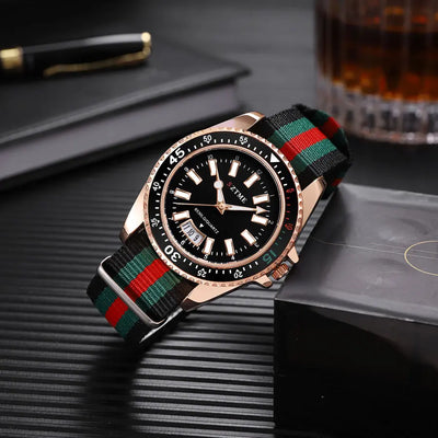 Calendar Watch With Striped Strap And Classic Case