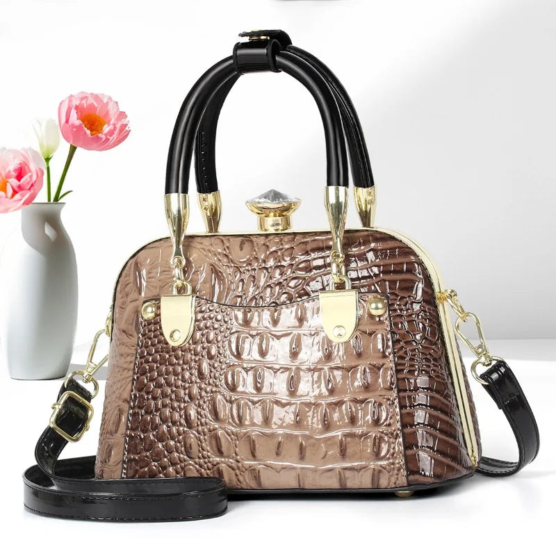 Crocodile Pattern Shoulder Bag with Gold Hardware
