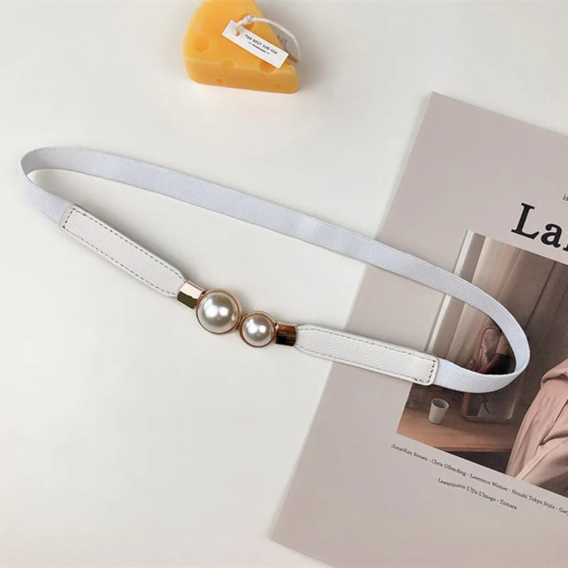Korean Women Thin Elastic Belt Double Pearl Buckle
