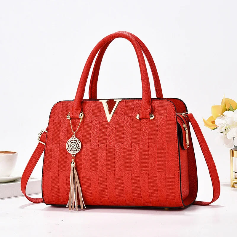 Checkered Bucket Handbag with Adjustable Strap - Red