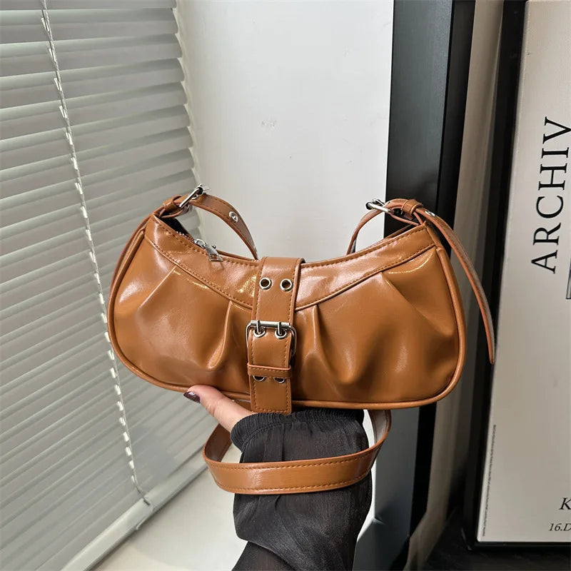 Retro Designer Buckle PU Leather Gothic Armpit Bag - Brown