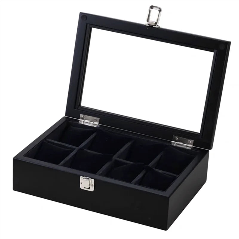 8 Slot Watch Box with Glass Window for Display - Black