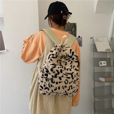 Leopard Print Fluffy Backpack for School Daily Use