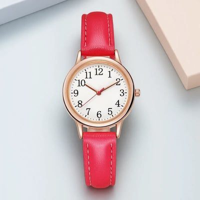 Quartz Watch with Simple Dial And Leather Strap - Red
