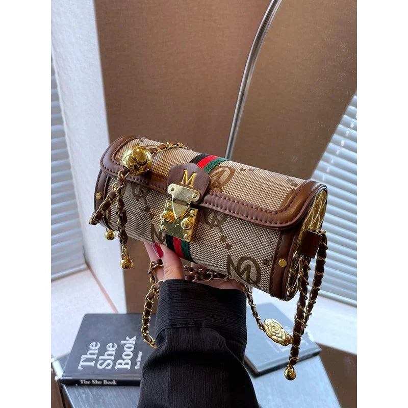 Cylindrical Crossbody Bag With Gold Lock And Chain