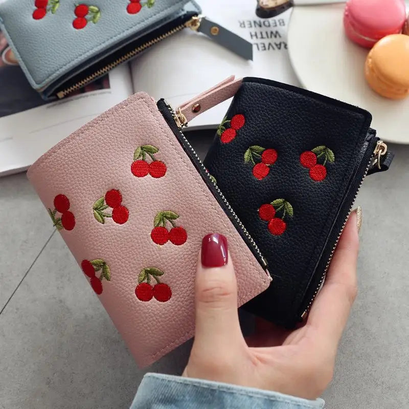 Cherry Embroidered Slim Wallet with Zip and Card Slots - WO2MEN