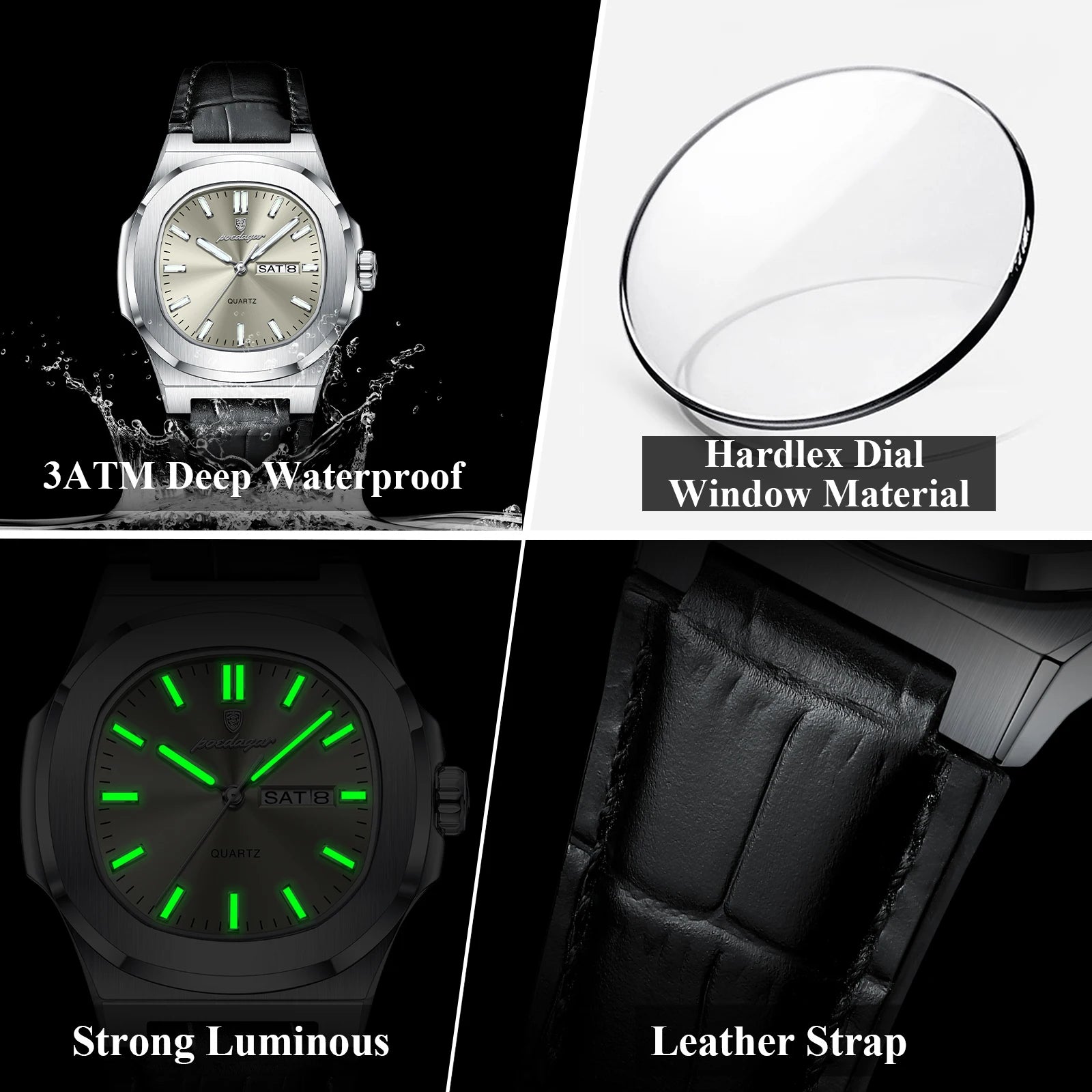 Watch Square Case Leather Strap with Date Window