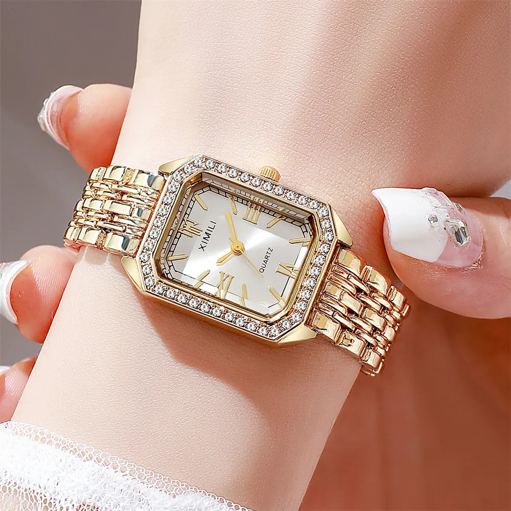 Diamond Bezel Gold Watch for Women Quartz Wristwatch