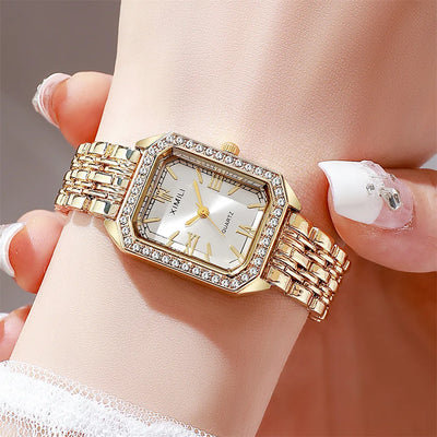 Diamond Bezel Gold Watch for Women Quartz Wristwatch - Gold White