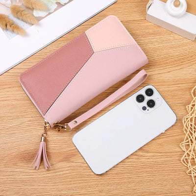 Geometric Patch Zip Wallet With Tassel Strap Wristlet