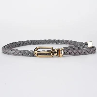 Braided Waist Belt with Classic Buckle Clasp Detail - Grey