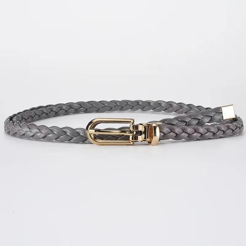 Braided Waist Belt with Classic Buckle Clasp Detail - Grey
