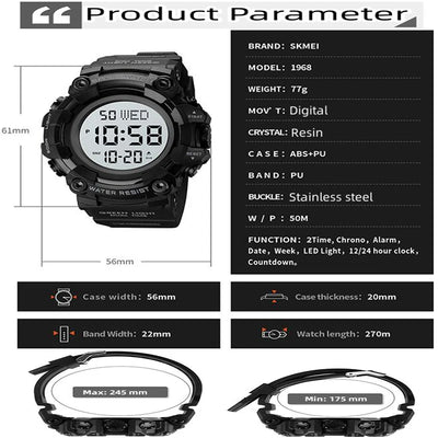 Military Digital Watch with Dual Time And LED
