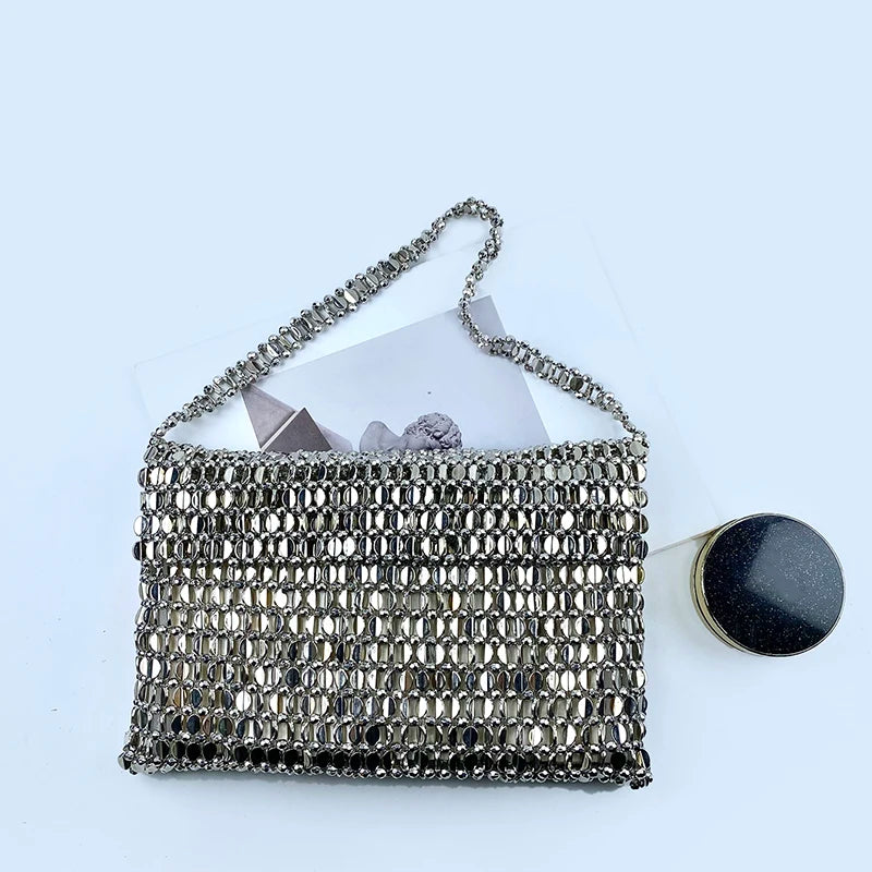 Sequin Disc Mesh Handwoven Shoulder Bag With Chain