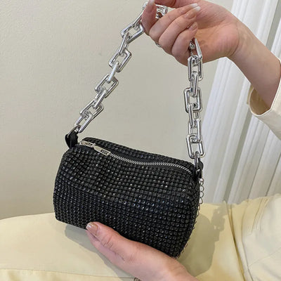 Rhinestone Cascade Bucket Bag With Crystal Chain Detail