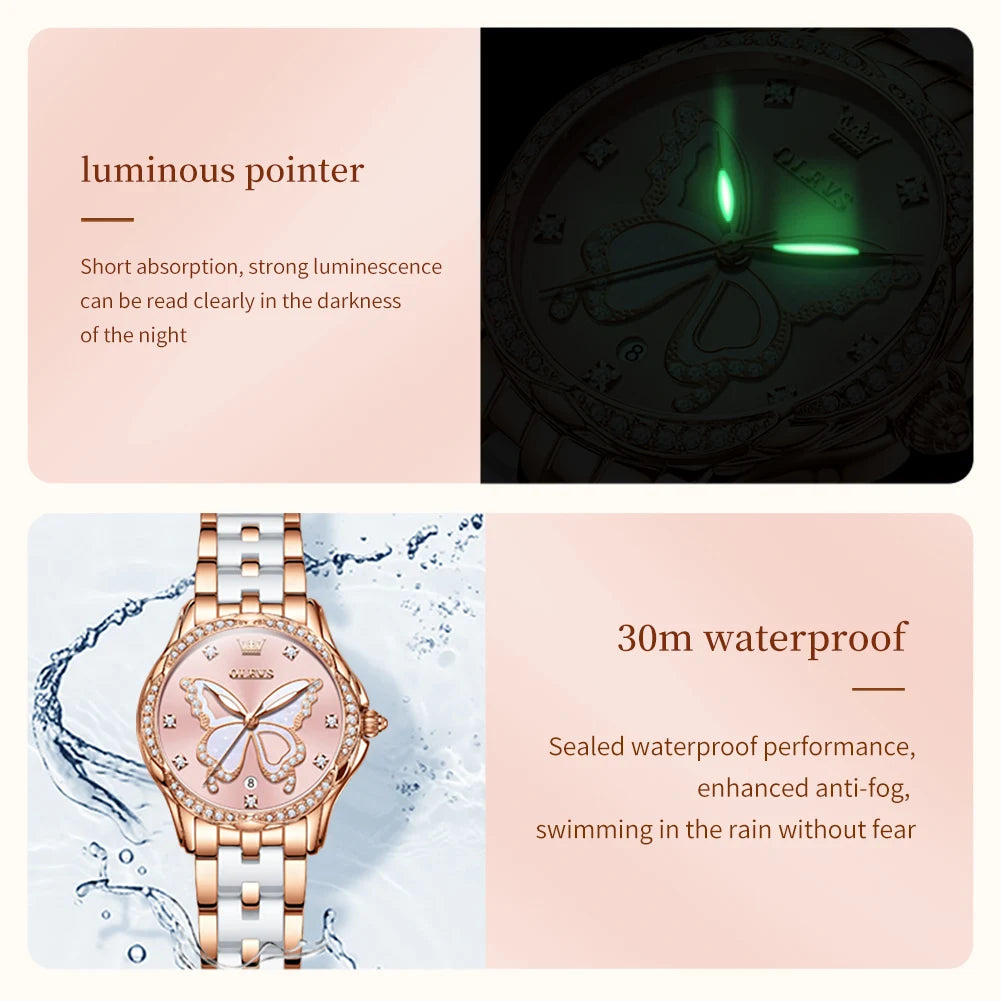 Watch Butterfly Dial Crystal Bezel and Luminous Hands - WO2MEN
