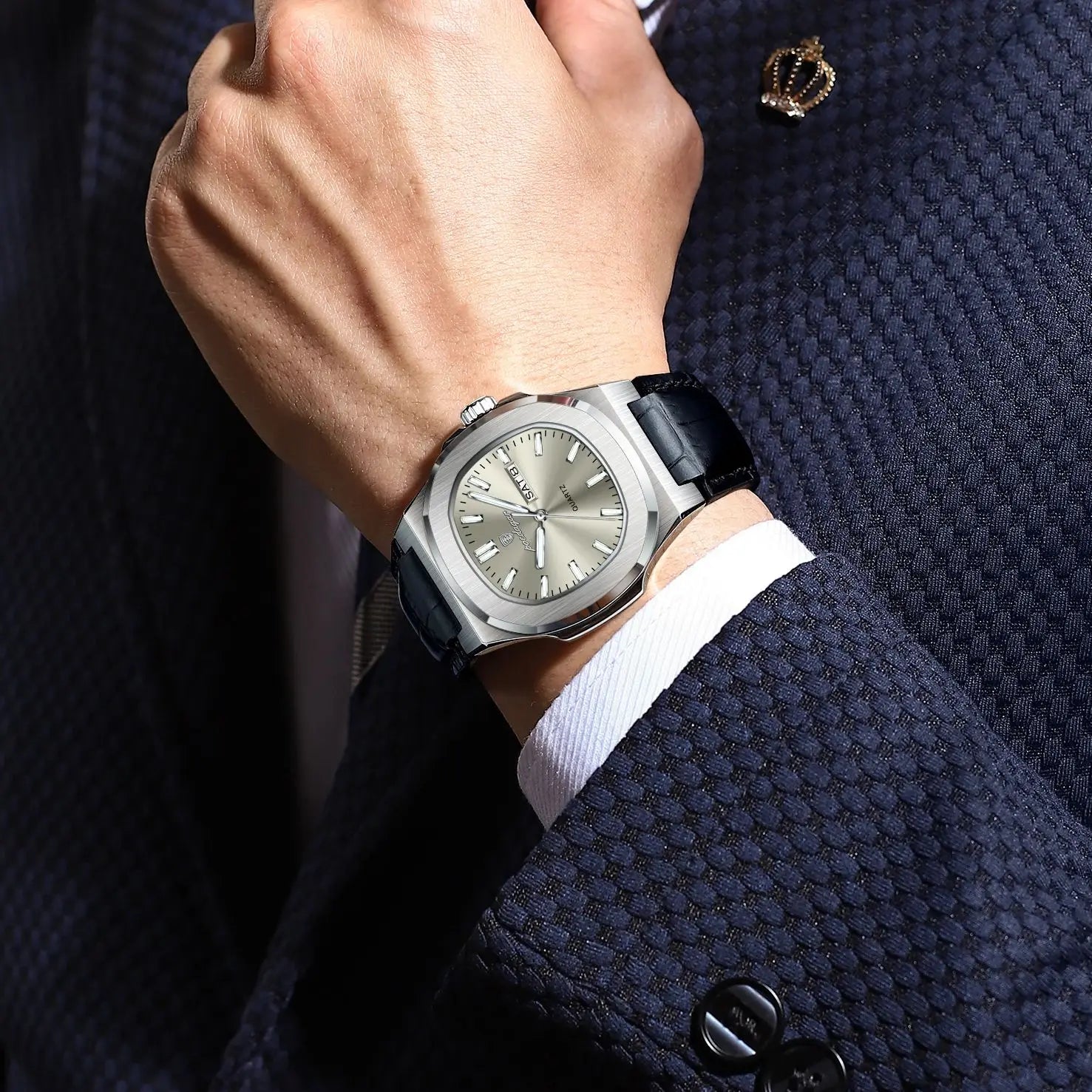 Watch Square Case Leather Strap with Date Window