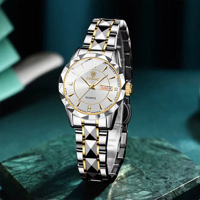 Watch With Diamond Markers And Faceted Bezel Details - WO2MEN