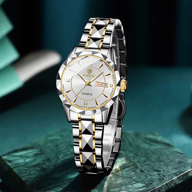 Watch With Diamond Markers And Faceted Bezel Details - WO2MEN